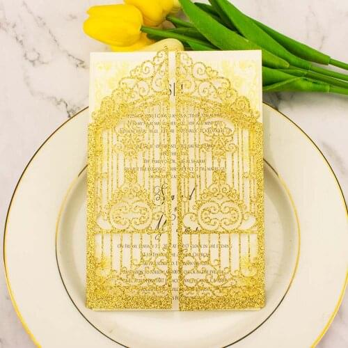 1X Luxury Invitation Card Gold Glittery Laser Cut Wedding Invitations Cards paper marriage Invite Greeting cards birthday party