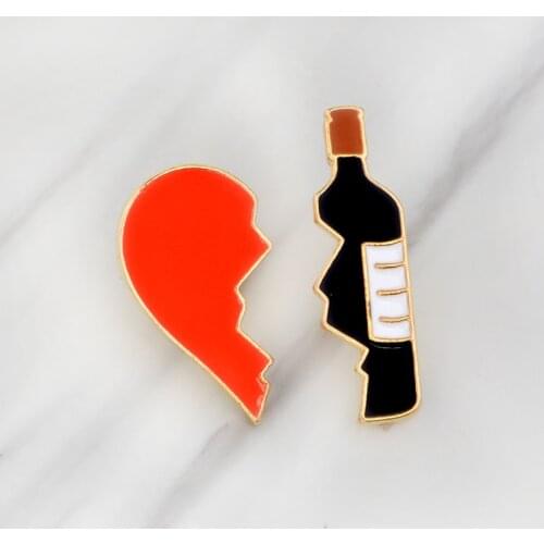 2pcs/set Couple Accessories Enamel pins set Wine bottle heart brooch Set of 2 Heart Wine pins Gift for Wine Lover