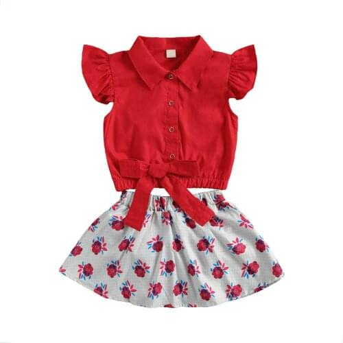 0-24 Months Baby Girl Short Sleeve Red Shirt + Skirt Pants, Bow Decoration Flower Print Elastic Waist Summer 2 Pcs Outfits Suit