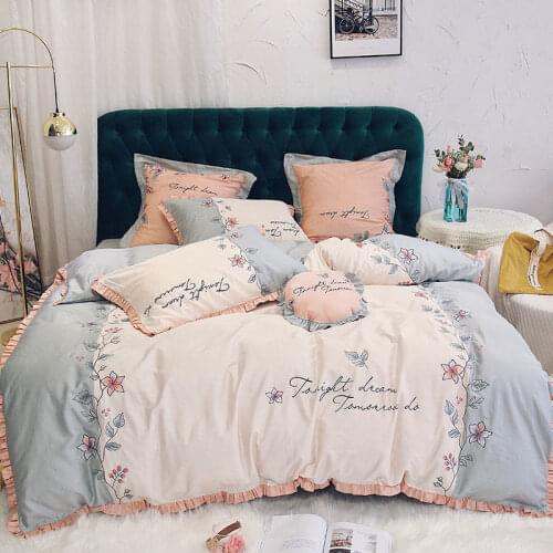 7ps Korean Style Princess Wind Bed Four-piece Cotton Cute Girl Embroidery Flower Cotton Quilt Cover Bed Queen Bedding Set