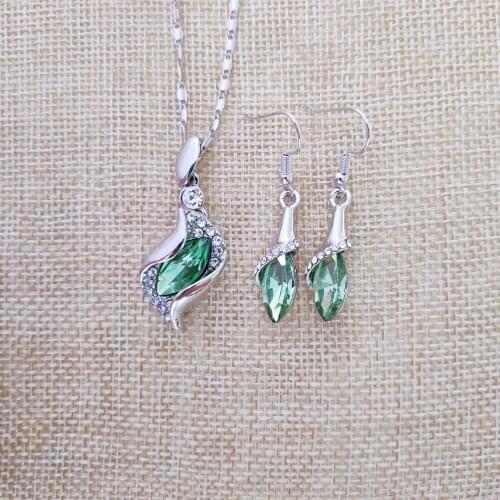925 Sterling Silver Necklace Earrings Women Silver Chain Fruit Green Crystal Jewelry, Wedding / Engagement Fine Jewelry Set