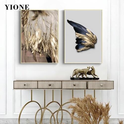 Abstract Gold Blue Wing Feathers Canvas Paintings Custom Modern Luxury Wall Art Posters and Prints Picture for Living Room Decor