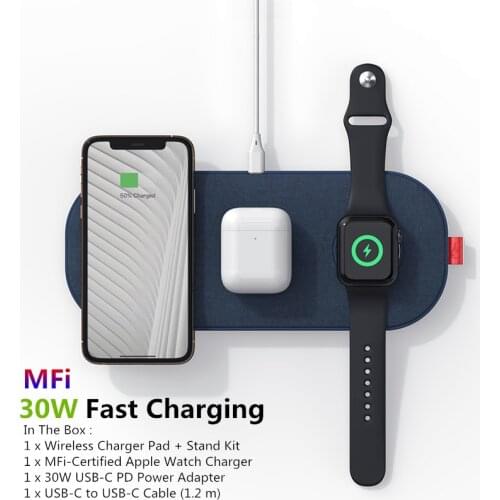 MFi Wireless Charger 3 in 1 Charging Pad 30W Fast Chargers for iPhone 12 11 XS XR Airpods 2/Pro Apple Watch Series 6 5 4 3 Stand