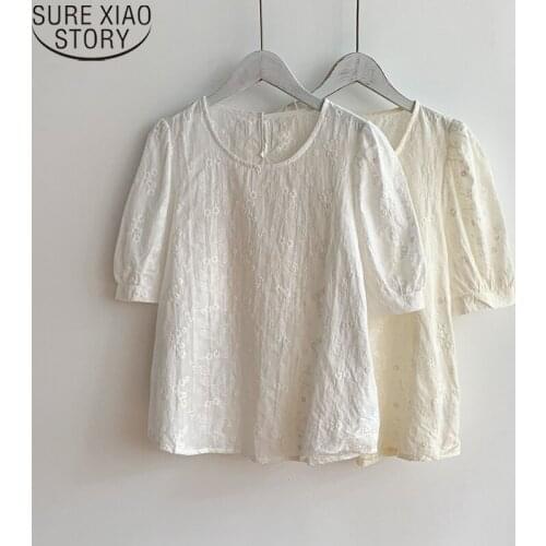 Summer Korean Fashion Puff Sleeve Blouses Women Embroidered Flower Shirt White Blouse O-Neck Casual Womens Tops Blusas 16314