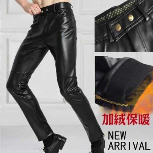 Autumn winter personality fashion motorcycle faux leather pants mens feet pants Plus velvet pu trousers for men pantalon homme