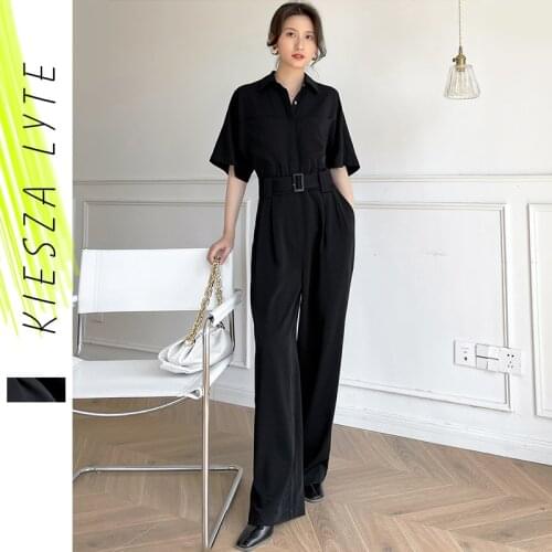 Black Cargo Jumpsuit Womens Summer 2021 New High Waist Short Sleeve Drape Wide Leg Jumpsuit Fashion Outfit