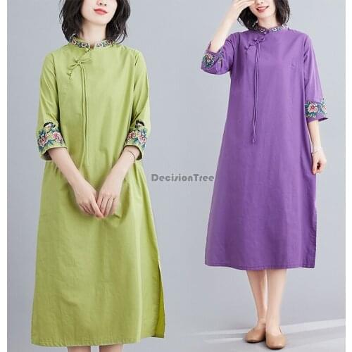 2021 retro improved cheongsam girls cotton linen lattice qipao traditional daily modern cheongsam half sleeve oriental dresses