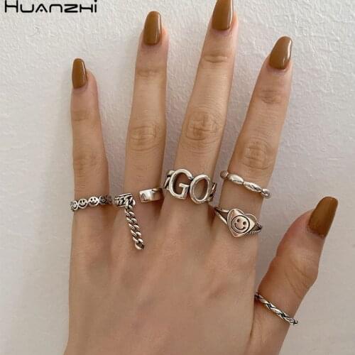 HZ 2020 New Vintage Chain Heart Human Face Cute Tibetan Silver Opening Metal Rings for Women Girls Simple Jewelry Party Gifts