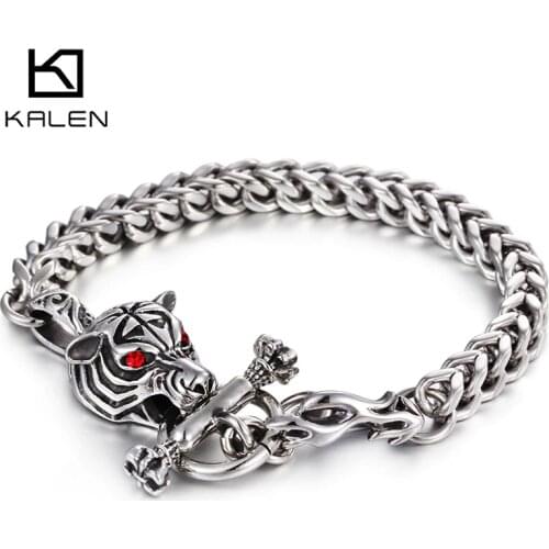 Kalen Stainless Steel Link Chain Red Eyes Tiger Head Charm Bracelet Bangle Gothic Mens Animal Jewelry Accessory
