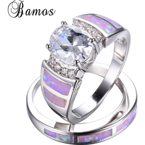Bamos Romantic Pink Fire Opal Ring Set For Women Lady White Gold Filled Wedding Party White Zircon Ring Love Jewelry RW1383