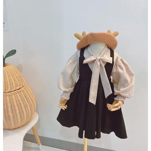 2-6 Y Toddler Girls Clothes Set Fashion Lantern Sleeve Lacing Shirt Black Strap Dress 2 Pcs Suit for Girl Kids Dress Sets Autumn