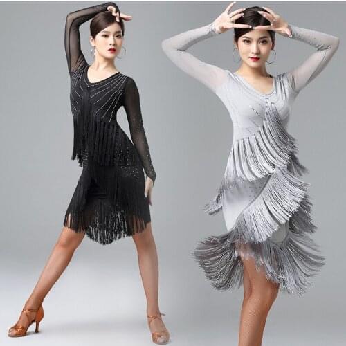 Fashion Latin Dance Costumes For Women Sexy Mesh Long-Sleeved Rhinestone Tassel Dance Dress Latino Dance Practice Wear DL4954