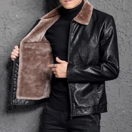 Winter Fleece Warm Leather Jackets Men Fur Collar Slim Zippers Long Sleeve PU Faux Leather Coats Male Vintage Fashion Overcoats