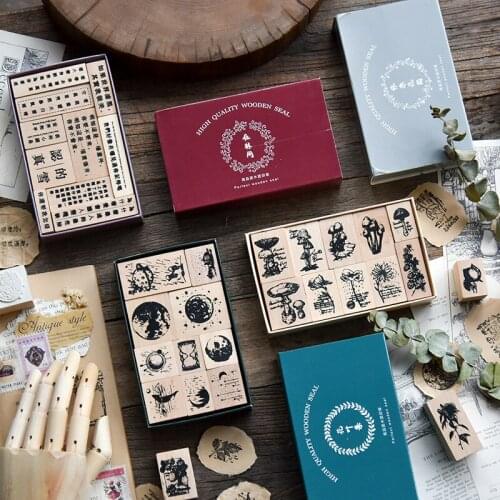 8pcs/10pcs Vintage Wooden Stamps Set Rubber Seals Kit for DIY Scrapbooking Handbook Card Making Diary Letter Decoration