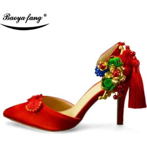 New Red color Summer Sandals Women Wedding shoes 8cm thin heel party shoes pointed toe woman dress shoes China style tassel