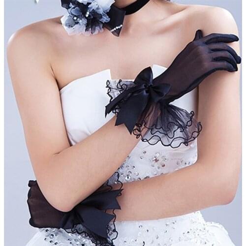 Women Lace Mesh Gloves Ladies White Wrist Gloves Large Bow Knot Marriage Glove Party Cosplay Accessories Short Tulle Gloves