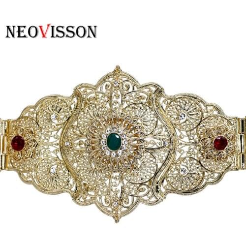 NEOVISSON Caucasus Metal Waist Belt Women Ethnic Wedding Body Jewelry Turkish Flower Waistband Adjus Length Maroc Bijoux