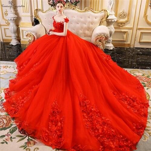 Luxury Red Princess Quinceanera Dresses Ball Gown Lace 3D Flowers Perals Cap Sleeves Sweet 16 Dress Girls Debutante Prom Dresses