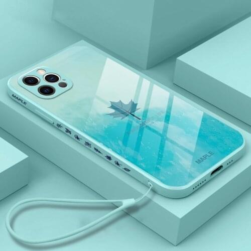 Luxury Maple Leaf Square Liquid Tempered Glass Phone Case For iPhone 13 12 11 Pro XS max XR SE X XS 8 7 Plus Cute Lanyard Cover