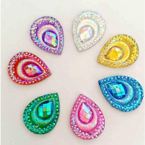 DIY 40pcs AB resin peacock eye drop shaped rhinestone wedding decoration 2 hole resin drill -B25