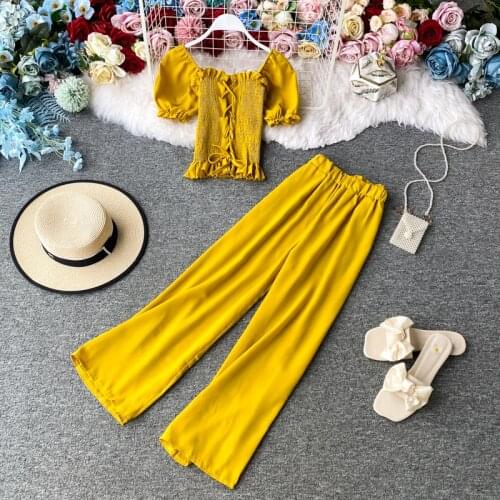 Sexy Short Sleeve Slim Bandage Tops And Wide Leg Pants Women Fashion Suit Set New 2020 Summer Female Solid Casual Two Piece Set