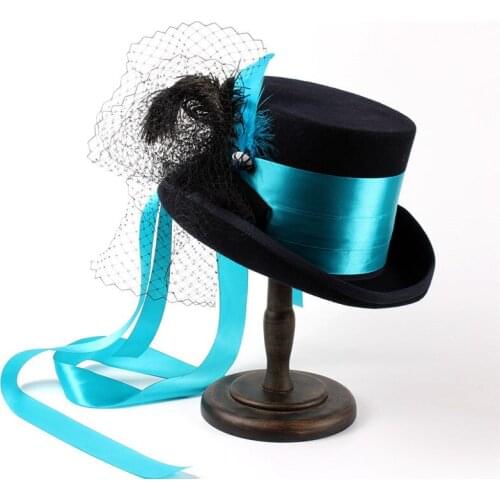 13.5CM Handwork 4 Size Black Wool Women Steampunk Fedora Hat For Lady Mesh Traditional Beaver Party Wedding Top Hat