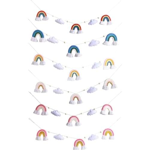 Nordic Wooden Beads Garland with Felt Cloud Knitting Wool Rainbow Tassel Pendant Hanging Ornament Photo Shooting Props for Baby