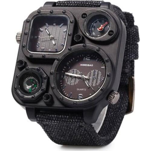 Sports Watch Military Two Time Zone Compass Personality Big Dial Black Quartz Watch Men Gift Canvas Strap 2019 Male Wrist Watch