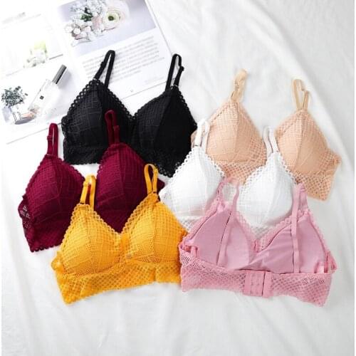 Triangle Cup Bralette Sexy Lingerie French Style Lace Hollow Out Deep V Wireless Underwear Soft Three-row Buckle Bras