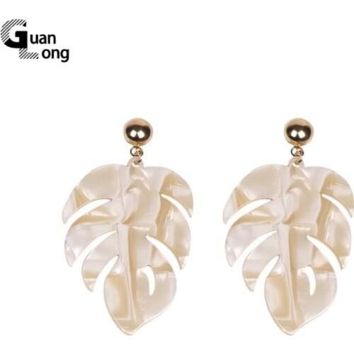 GuanLong Vintage Long Resin Leaf Earrings for Women Big Metal Acrylic Dangle Drop Earings Girls Fashion Summer Jewelry Brincos