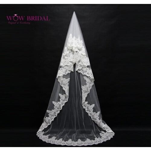 Wowbridal Graceful Bridesmaid Wedding Veil 2021 Lace Pattern Embroidered Crystal Beaded Organza Long Bridal Accessories