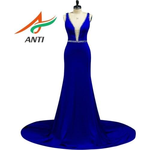 ANTI Royal Blue Deep v-neck Evening Dresses Sleeveless Ruffles Vestido De Madrinha De Casamento Longo 2018 Mermaid