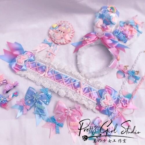 Kawaii Dream Princess Pink Blue Lolita Candy Bow Rabbit Ear Hairpin KC Headband Sweet Soft Girl Cosplay Lace Hairband Headwear