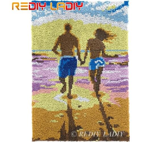 Latch Hook Rug Running on Beach Chunky Yarn Tapestry Kits DIY Carpet Rug Knitted Floor Mat Crochet Cushion Arts & Crafts 57*87cm