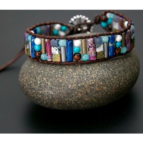 Women Boho Bracelet Tube Shape Natural Stone Single Leather Wrap Bracelet Semi Precious Stone Beaded Cuff Bracelet Sunflower