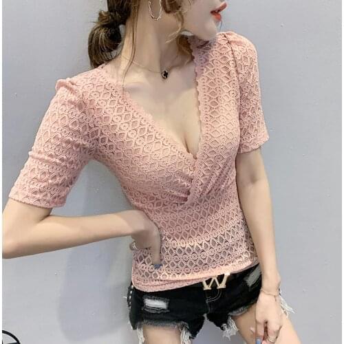 2021 Summer New Women Lace Tops Shirt Fashion Sexy V-Neck Hollow Out T-Shirt Elegant Slim Plus Size 3XL Lace Shirt Blusas