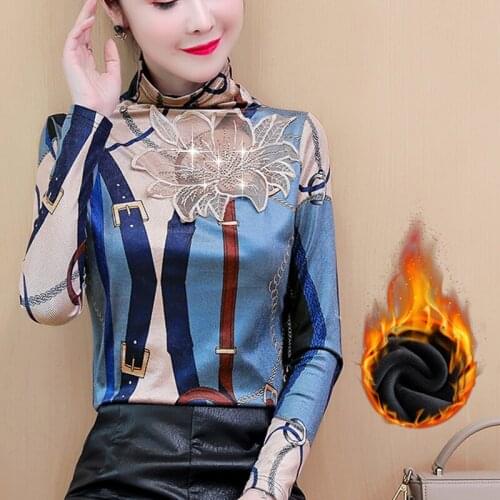 Woman Clothes New 2020 Spring Print High Collar stretch Plus Velvet Shirt Long Sleeve Slim fit Blouses Shirt Women Tops 121B