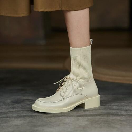Genuine Leather Slip-On Sock Boots Concise Lace-up Women Boots Autumn Round Toe Thick Heel Knitting Women Shoes Zapatos De Mujer