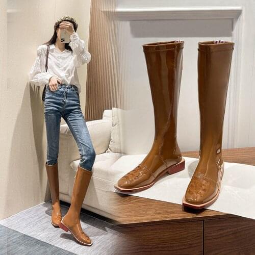 Luxury Knee High Boots Women Japanned Leather Botas 2021 Pallet Chunky Low Heels Shoes Winter Snow Bottes Zip Embroider Botines
