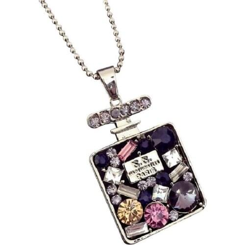 Colorful Perfume Bottle Necklace Stainless Steel Sweater Chain Gem Pendant Long Necklace