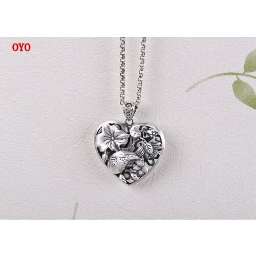 S999 Pure Silver Pendant Thai Silver Retro Style Womens Hollow Lotus Fish Necklace