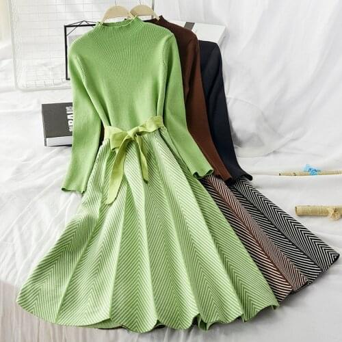 Elegant Turtleneck A-line Knitted Dress Womens 2021 Fall Winter New Thickened Arrow Striped Sashes Bow Sweater Dress