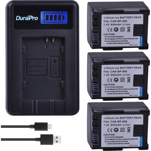 3PC BP-808 BP 808 BP808 Camera Replacement Battery + LCD USB charger for Canon BP 827 809 819 HFS30 HFM41 HFM400 FS300 FS1 FS22