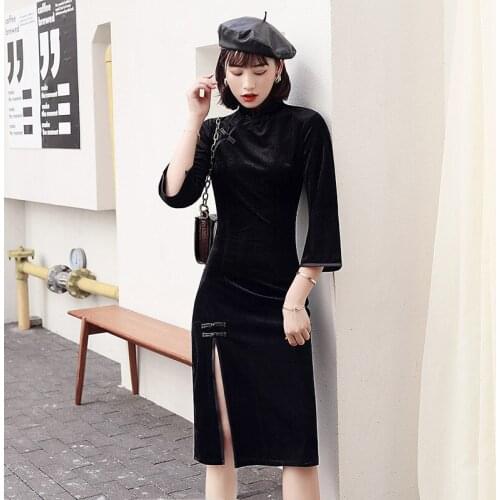 Black Cheongsam Dress Modern Women Chinese Style Fashion Harajuku Vintage Sexy Qipao Robe Asian Traditional Vestido Chino Mujer