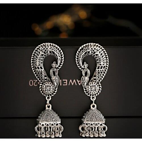 Egypt Vintage Silver Color Gypsy Afghani Tassel Indian Jhumka Earrings Women Bohemian Retro Peacock Tibetan Earrings Oorbellen