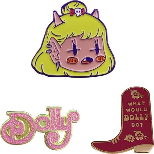 Dolly Parton Series Enamel Pin Pink Glitter Word Brooch What would Dolly Do boot Badge Cute Anime Demon Decor