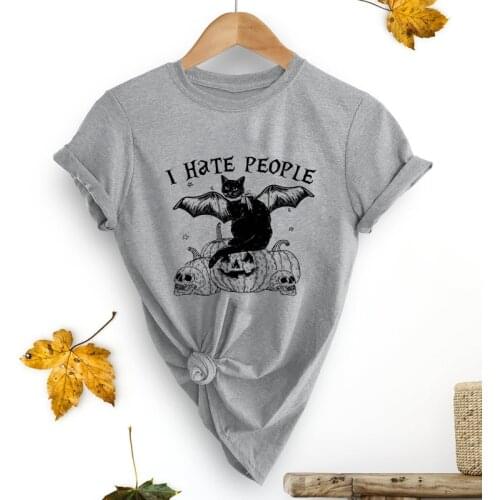 I Hate People Black Cat T-shirt Trendy Women Halloween Holiday Gift Top Tee Funny Unisex Short Sleeve Introvert Graphic Tshirt
