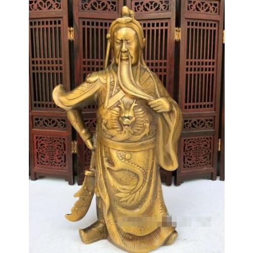 China antique Xuande year Pure copper Gold-plated Statue of Guan Yu with Knife