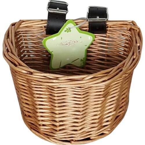 Handmade Artificial Childrens Wicker Bicycle Basket, Traditional Wicker Bicycle Front Basket With Leather Straps For Children