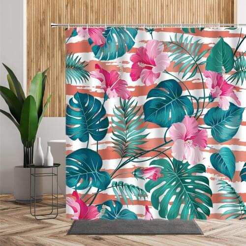 Creative Stripes Shower Curtain Palm Leaf Flower Printed Bathroom Home Decors 3D Spring Backdrop Frabic Waterproof Bath Curtains